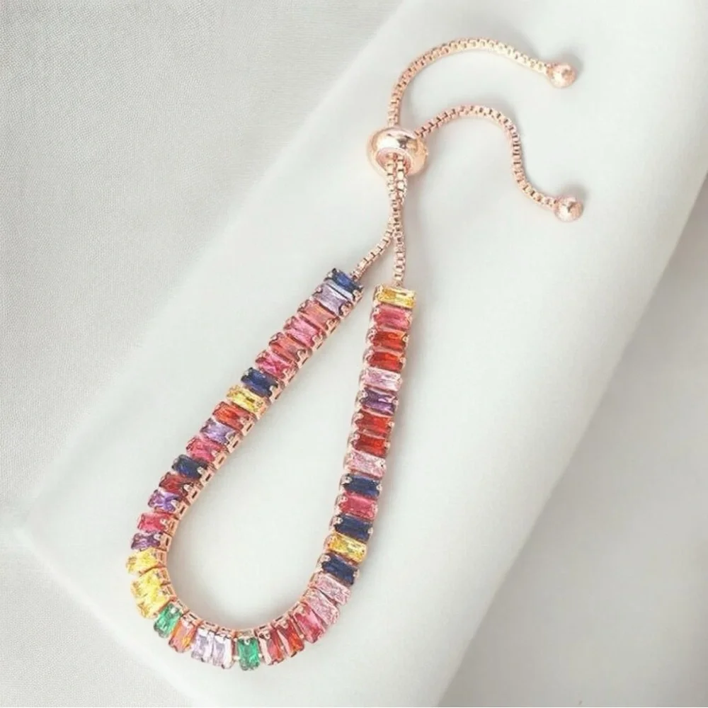 Multicolor Adjustable Tennis Bracelet. Gold w/adjustable slider-up to 10”! - Picture 2 of 14